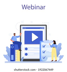 Corporate culture online service or platform. Corporate relations. Business ethics. Corporate regulations compliance. Online webinar. Isolated flat vector illustration