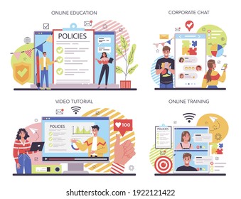 Corporate Culture Online Service Or Platform Set. Corporate Relations. Business Ethics Regulations Compliance. Online Education, Training, Corporate Chat, Video Tutorial. Flat Vector Illustration