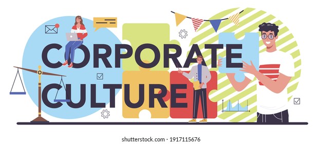Corporate culture typographic header. Corporate relations. Business ethics. Corporate regulations compliance. Company policy and business course. Isolated flat vector illustration