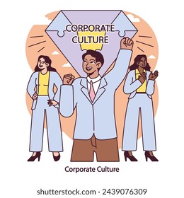 Corporate Culture unveiled. Team members celebrate shared values, uplifting the spirit of unity and collaboration within the workplace. Vector illustration.