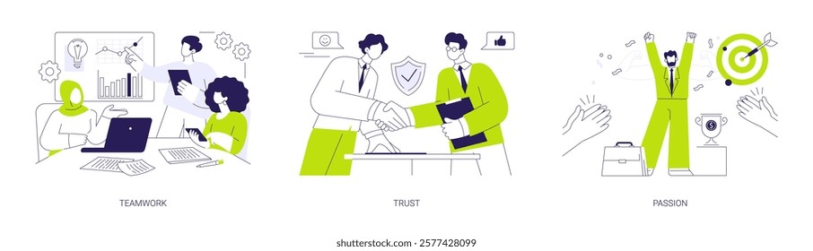 Corporate culture and values abstract concept vector illustration set. Teamwork organization, trust and honesty, passion for job in corporate culture, business partnership abstract metaphor.