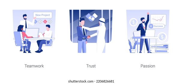 Corporate culture and values isolated concept vector illustration set. Teamwork organization, trust and honesty, passion for job in corporate culture, business partnership vector cartoon.