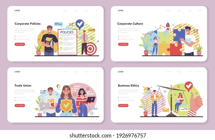 Corporate Culture Web Banner Or Landing Page Set. Corporate Relations. Business Ethics. Corporate Regulations Compliance. Company Policy And Business Course. Isolated Flat Vector Illustration