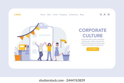 Corporate culture web or landing page. Cultivating a strong business ethos and employee camaraderie. Upholding ethics and norms in a professional environment. Celebrating teamwork and unity.