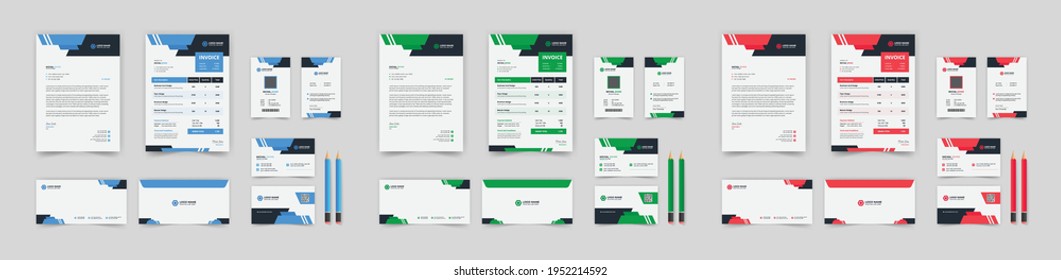 corporate custom stationery design template, letterhead, invoice, id card, business card, and envelope design with different color styles.