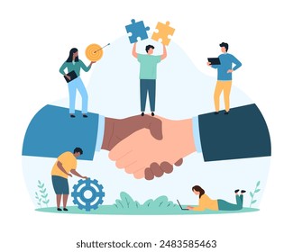 Corporate deal and success agreement, leadership. Partnership handshake with respect and trust of giant leaders hands, tiny people holding gears, puzzle pieces and target cartoon vector illustration