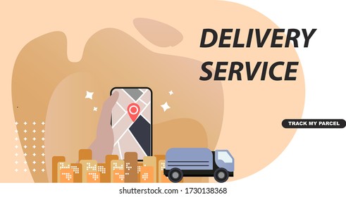 Corporate delivery tracking. Logistic digital shopping advert concept, panorama, vector illustration