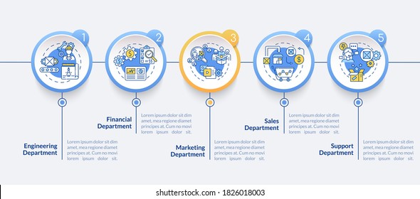 Corporate department vector infographic template. Marketing research presentation design elements. Data visualization with 5 steps. Process timeline chart. Workflow layout with linear icons