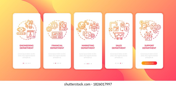 Corporate departments onboarding mobile app page screen with concepts. Market research. Engineer development walkthrough 5 steps graphic instructions. UI vector template with RGB color illustrations