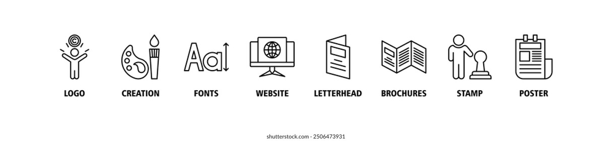 Corporate design banner web icon set vector illustration concept with icon of logo, creation, fonts, website, letterhead, brochures, stamp and poster icons symbol background live stroke and editable
