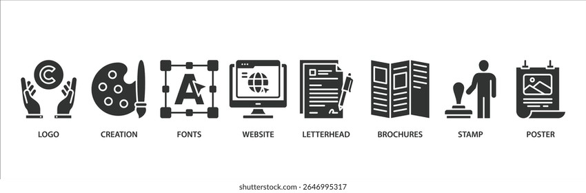 Projeto corporativo banner web icon vetor ilustração conceito com ícone de logotipo, criação, fontes, site, papel timbrado, brochuras, selo e cartaz.