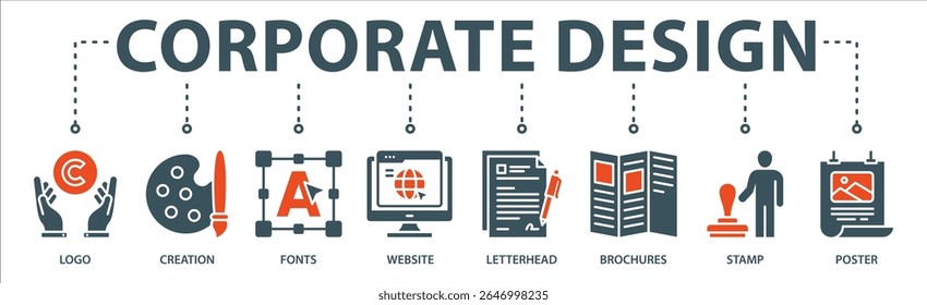 Corporate design banner web icon vector illustration concept with icon of logo, creation, fonts, website, letterhead, brochures, stamp and poster.