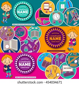 
Corporate design. Company name,  background with school stationery icons. Vector advertising banner template. sales, advertising, promotions. for design