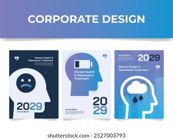 Projeto corporativo com capas do relatório anual do ano anterior sobre saúde mental e tratamento da depressão. O design usa gráficos simbólicos para transmitir temas-chave.