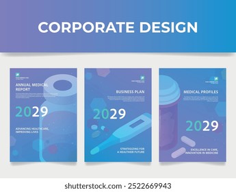 Corporate design mockup presenting visually appealing document covers for annual medical report or business plan highlighting progress in healthcare.