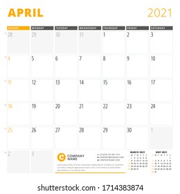 Corporate design planner template for April 2021. Monthly planner. Stationery design. Week starts on Sunday. Vector illustration