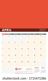 Planilla de diseño corporativo para abril de 2021. Planificador mensual. Diseño estacional. La semana empieza el domingo. Ilustración del vector