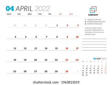 Corporate design planner template for April 2022. Monthly planner. Stationery design. Week starts on Monday. Vector illustration