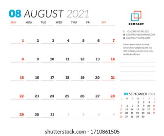 Planilla de diseño corporativo para agosto de 2021. Planificador mensual. Diseño estacional. La semana empieza el domingo. Ilustración del vector