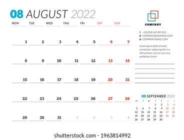 Corporate design planner template for August 2022. Monthly planner. Stationery design. Week starts on Monday. Vector illustration