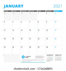 Corporate design planner template for January 2021. Monthly planner. Stationery design. Week starts on Monday. Vector illustration