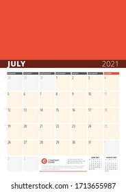 Corporate design planner template for July 2021. Monthly planner with place for photo. Stationery design. Week starts on Monday. Vector illustration