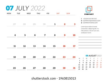 Corporate design planner template for July 2022. Monthly planner. Stationery design. Week starts on Monday. Vector illustration