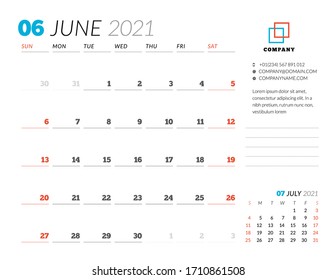 Planilla de diseño corporativo para junio de 2021. Planificador mensual. Diseño estacional. La semana empieza el domingo. Ilustración del vector
