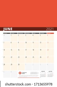 Corporate design planner template for June 2021. Monthly planner with place for photo. Stationery design. Week starts on Monday. Vector illustration