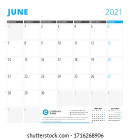 Planilla de diseño corporativo para junio de 2021. Planificador mensual. Diseño estacional. La semana empieza el lunes. Ilustración del vector