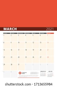 Corporate design planner template for March 2021. Monthly planner with place for photo. Stationery design. Week starts on Monday. Vector illustration