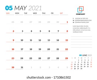 Corporate design planner template for May 2021. Monthly planner. Stationery design. Week starts on Sunday. Vector illustration