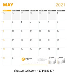 Vorlage für Corporate Design für Mai 2021. Monatlicher Planer. Geschmacksmuster. Die Woche beginnt am Sonntag. Vektorgrafik