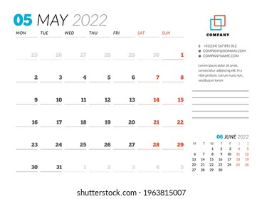 Vorlage für Corporate Design für Mai 2022. Monatlicher Planer. Geschmacksmuster. Die Woche beginnt am Montag. Vektorgrafik