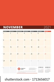 Planilla de diseño corporativo para noviembre de 2021. Planner mensual con lugar para foto. Diseño estacional. La semana empieza el lunes. Ilustración del vector