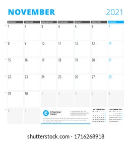 Corporate design planner template for November 2021. Monthly planner. Stationery design. Week starts on Monday. Vector illustration