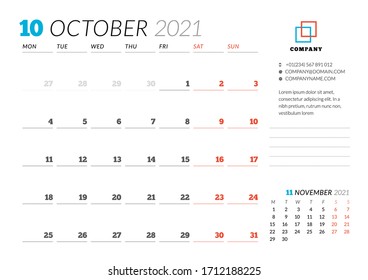 Planilla de diseño corporativo para octubre de 2021. Planificador mensual. Diseño estacional. La semana empieza el lunes. Ilustración del vector
