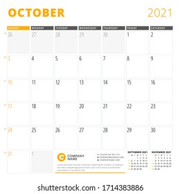 Corporate design planner template for October 2021. Monthly planner. Stationery design. Week starts on Sunday. Vector illustration