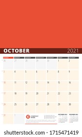 Planilla de diseño corporativo para octubre de 2021. Planificador mensual. Diseño estacional. La semana empieza el domingo. Ilustración del vector