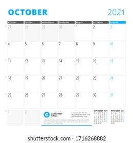 Planilla de diseño corporativo para octubre de 2021. Planificador mensual. Diseño estacional. La semana empieza el lunes. Ilustración del vector