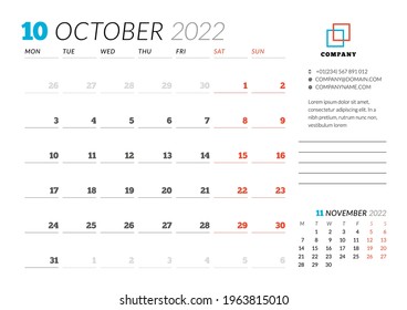 Corporate design planner template for October 2022. Monthly planner. Stationery design. Week starts on Monday. Vector illustration