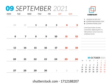 Corporate design planner template for September 2021. Monthly planner. Stationery design. Week starts on Monday. Vector illustration