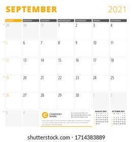Corporate design planner template for September 2021. Monthly planner. Stationery design. Week starts on Sunday. Vector illustration