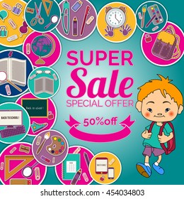 Corporate design. Sale background with school stationery icons. Vector advertising banner template. Shop now. for design
