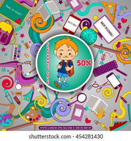 Corporate design. Sale background with school stationery icons. Vector advertising banner template. Shop now. for design