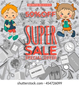 Corporate design. Sale background with school stationery icons. Vector advertising banner template. Shop now. for design