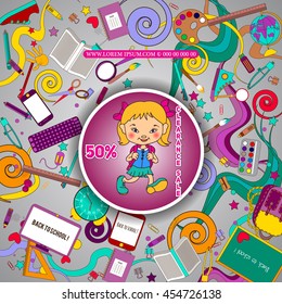 Corporate design. Sale background with school stationery icons. Vector advertising banner template. Shop now. for design