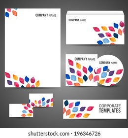 Corporate design with watercolor abstract elements. Set: business card, A4-stationary, CD and CD-cover, envelope, banner. Vector file is well organized, templates with clipping mask, easy editable.