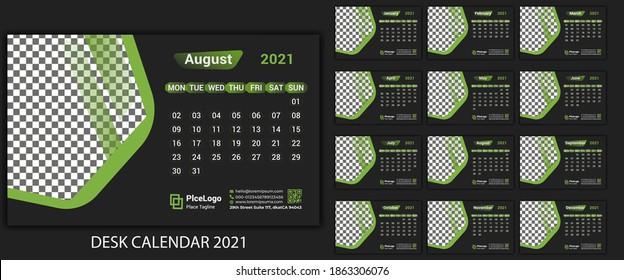 Corporate desk calendar 2021 template design in light green included 12 months and week start from monday in a5 size for office and home calendar 2021