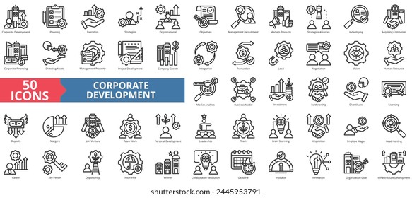 Corporate development icon collection set. Containing planning, execution, strategies, organizational, objectives, management recruitment, markets products icon. Simple line vector.